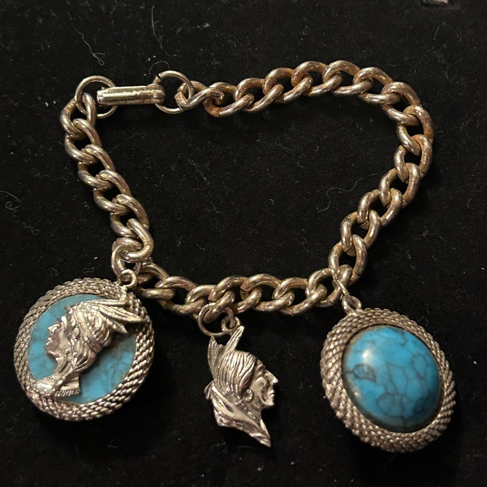 Antique Native American Turquoise Sterling Unisex Charm Bracelet